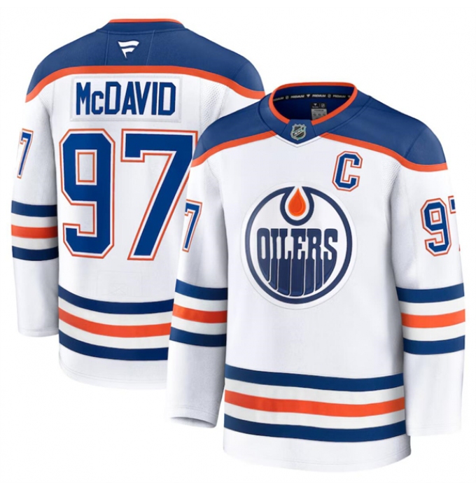 Men's Edmonton Oilers #97 Connor McDavid White 2024-25 Away Stitched Hockey Jersey