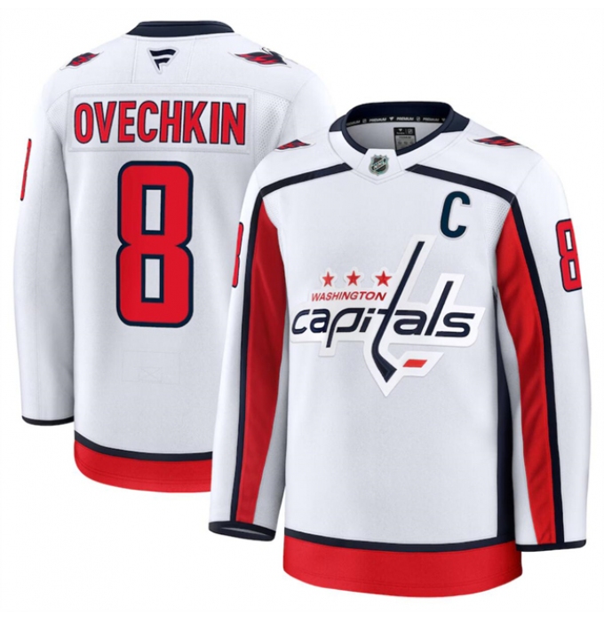 Men's Washington Capitals #8 Alexander Ovechkin White 2024-25 Away Stitched Hockey Jersey