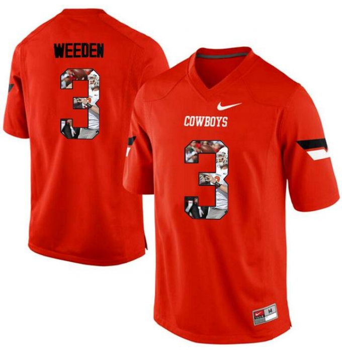 Oklahoma State Cowboys #3 Brandon Weeden Orange With Portrait Print College Football Jersey