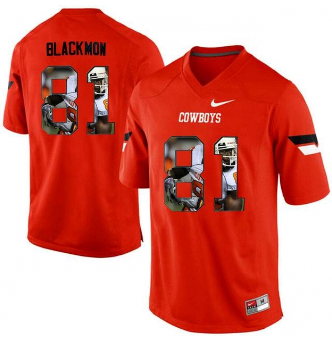 Oklahoma State Cowboys #81 Justin Blackmon Orange With Portrait Print College Football Jersey