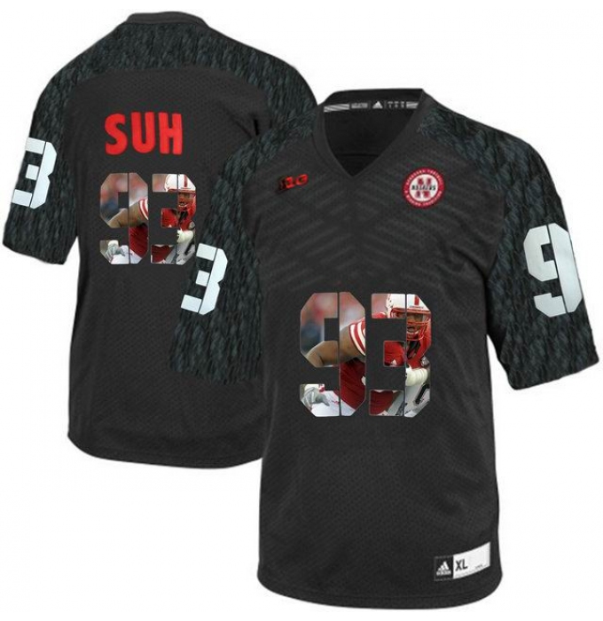 Nebraska Cornhuskers #93 Ndamukong Suh Black With Portrait Print College Football Jersey