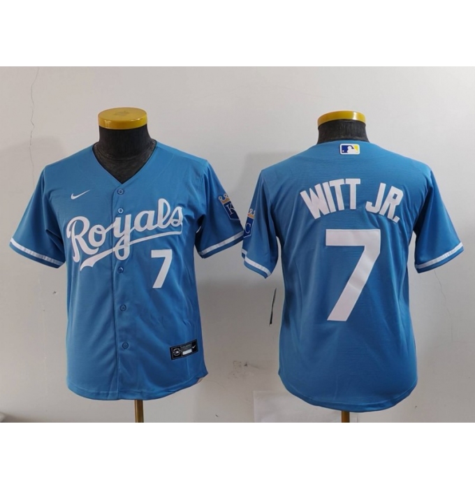 Youth Kansas City Royals #7 Bobby Witt Jr Number Light Blue Cool Base Stitched Jersey