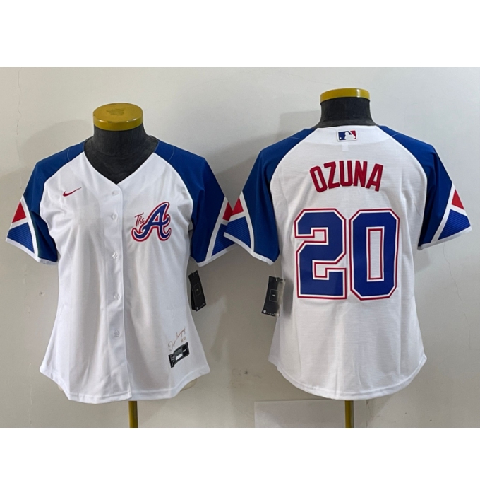 Youth Atlanta Braves #20 Marcell Ozuna Number White 2023 City Connect Cool Base Stitched Jersey