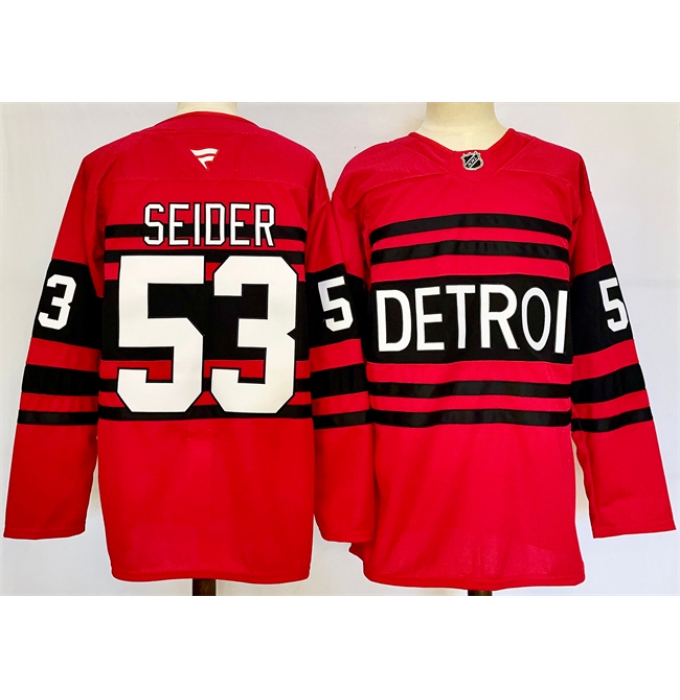 Men's Detroit Red Wings 53 Moritz Seider Red 2024-25 Reverse Retro Stitched Jersey