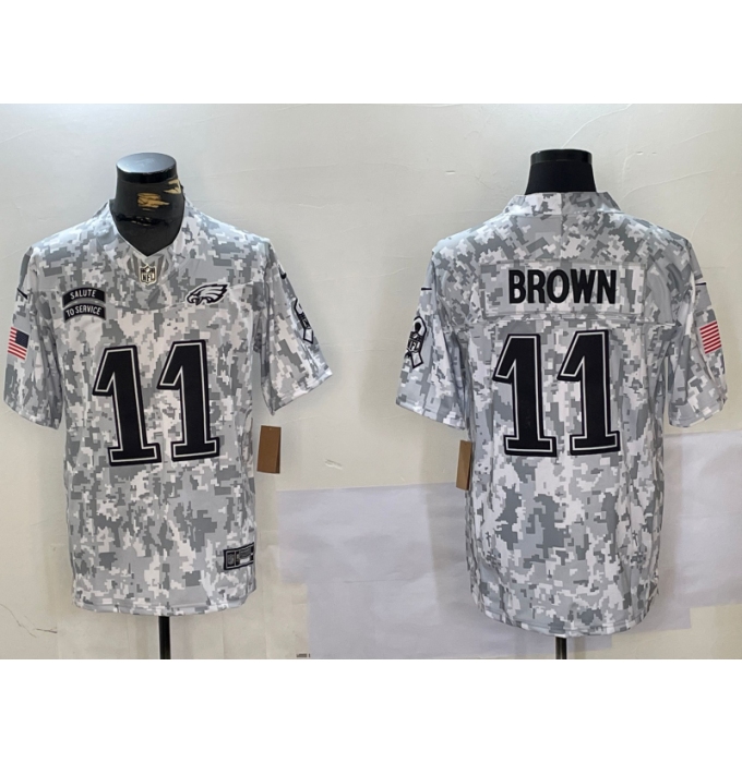 Men's Philadelphia Eagles #11 AJ Brown Arctic Camo 2024 FUSE Salute to Service Limited Stitched Jersey