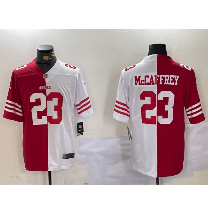 Men's San Francisco 49ers #23 Christian McCaffrey Red White Split Vapor Limited Stitched Jersey