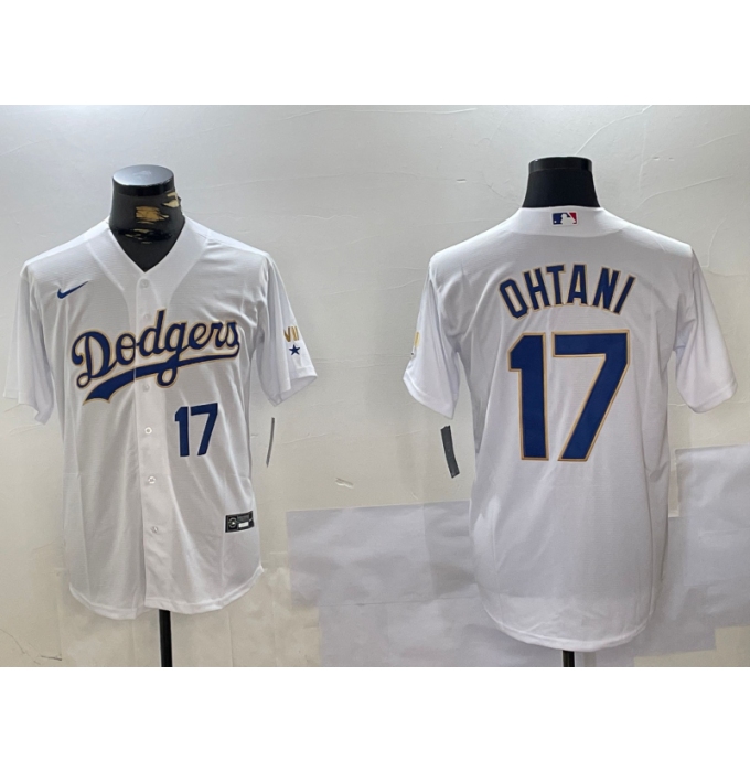 Men's Los Angeles Dodgers #17 Shohei Ohtani Number White Gold Championship Stitched Cool Base Nike Jerseys