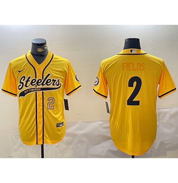 Men's Pittsburgh Steelers #2 Justin Fields Yellow With Cool Base Stitched Baseball Jerseys