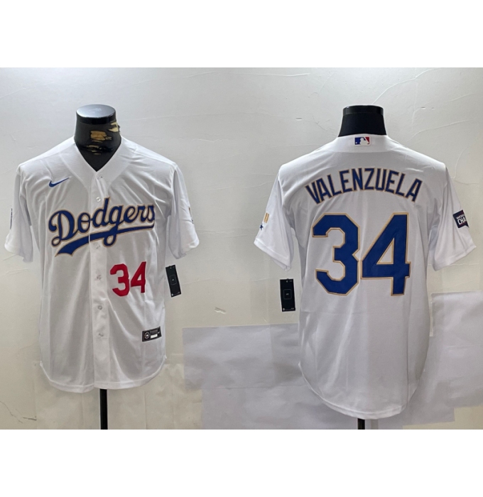 Men's Los Angeles Dodgers #34 Fernando Valenzuela Number White Gold Championship Stitched Cool Base Nike Jersey