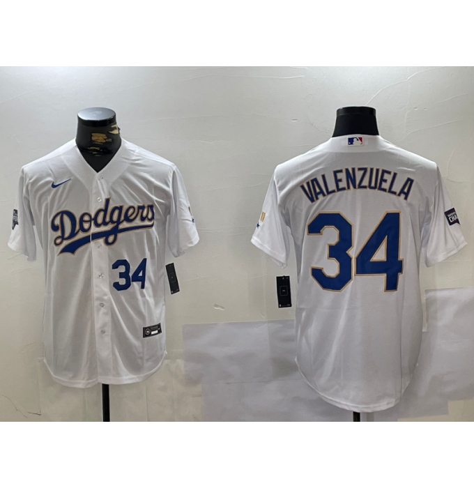 Men's Los Angeles Dodgers #34 Fernando Valenzuela Number White Gold Championship Stitched Cool Base Nike Jerseys