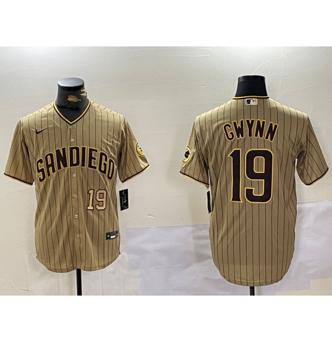 Men's San Diego Padres #19 Tony Gwynn Khaki Team Logo Cool Base Jerseys