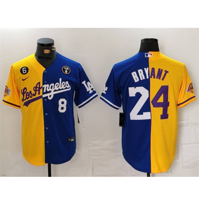 Men's Los Angeles Lakers & Dodgers Front #8 Back #24 Kobe Bryant Gold Blue Split With Stitched Jersey