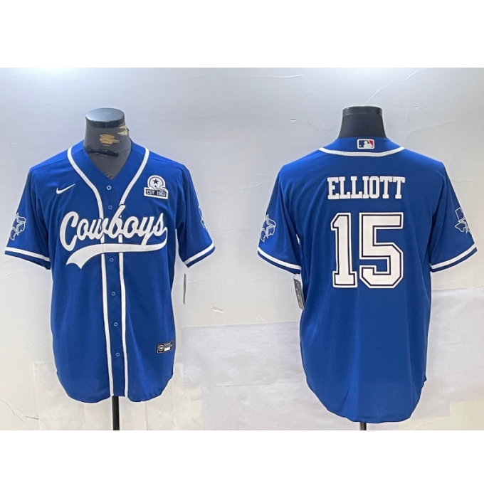 Men's Dallas Cowboys #15 Ezekiel Elliott Light Blue With 1960 Cool Base Stitched Baseball Jersey